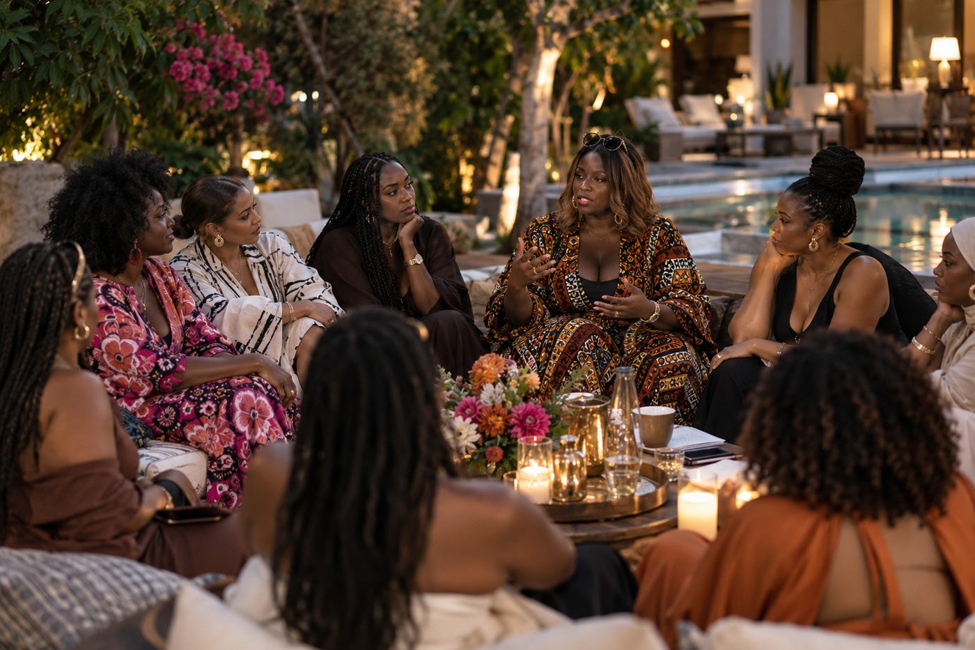 A circle of women in conversation in a candlelit garden at dusk