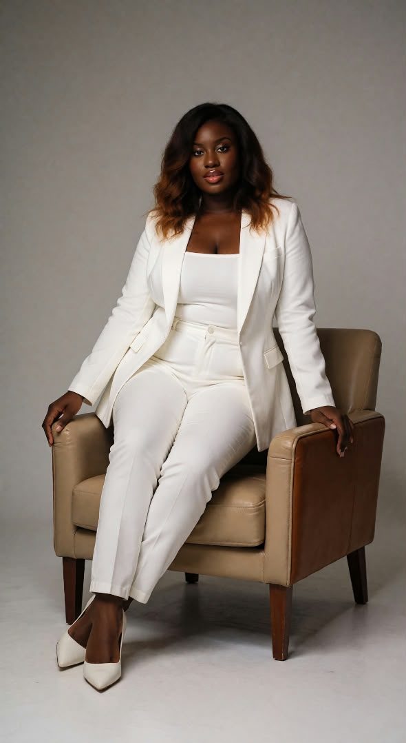 Fama Seck seated in a leather armchair, wearing a white suit