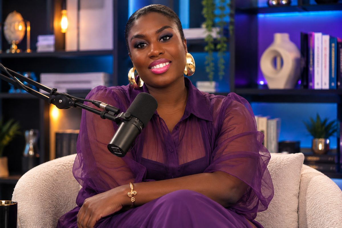 Fama Seck smiling at a podcast microphone in a studio, wearing a purple blouse